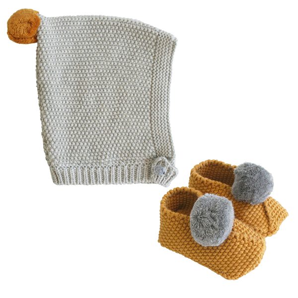 ALIMROSE Mustard and Grey Pom Pom Hat and Booties Set