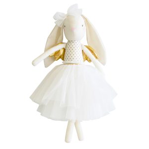 alimrose gold angel bunny doll with white skirt and bow gold wings