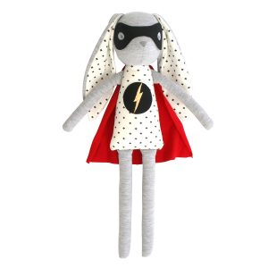 alimrose super hero bunny doll with red cape and super hero symbol on outfit