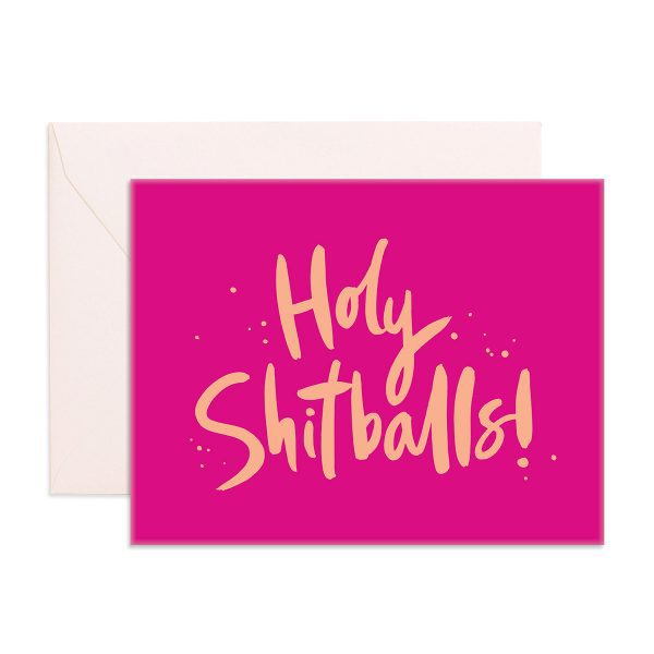hot pink gift card with Holy Shitballs written in gold on the front
