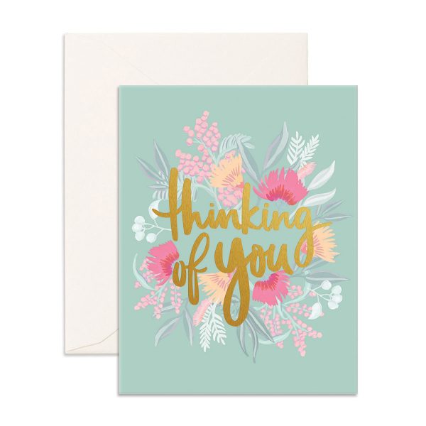 blue Thinking Of You Greeting Card with native flowers