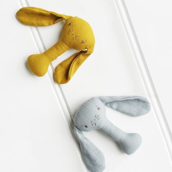 ALIMROSE Mustard and Grey Bobby Bunny Bonnet and Rattle Set