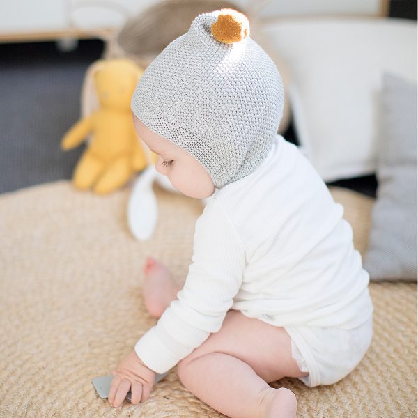 ALIMROSE Mustard and Grey Pom Pom Hat and Booties Set