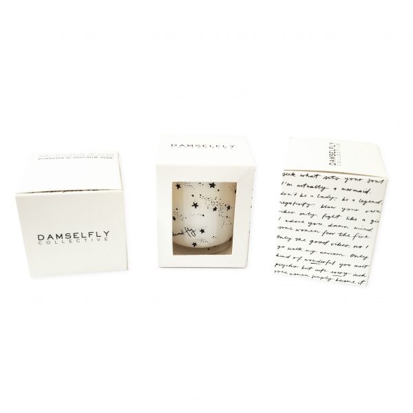 White Fly Damsel Fly Mini Candle with packaging
