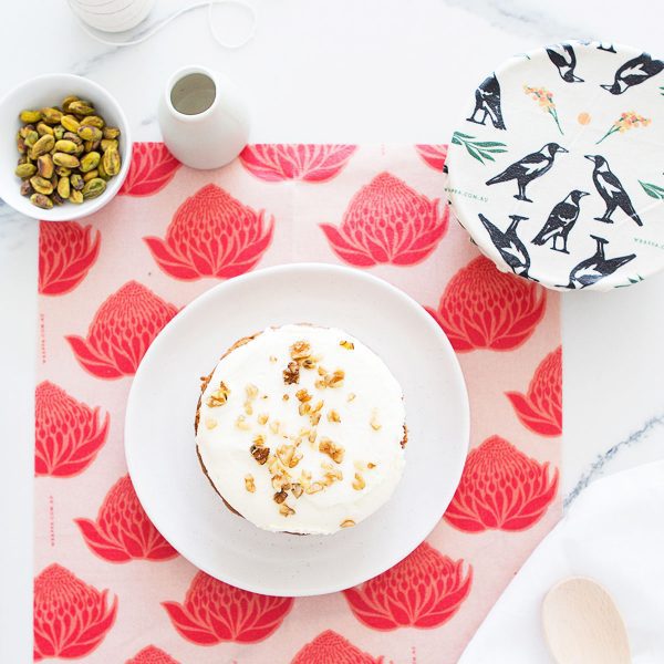 flatlay of food wrap on table with cake