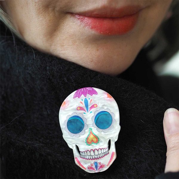 Frida Kahlo Erstwilder Brooch dia de los muertos skull on model